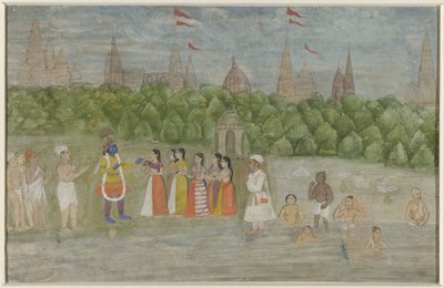 På bredden av Yamuna ved Brindaban danser Krishna med gopiene av Anonymous