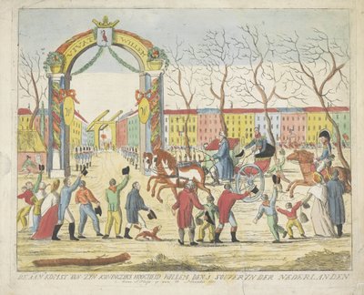 Ankomst av prinsen av Orange i Haag, 1813 Ankomsten av Hans Kongelige Høyhet Willem den 1 souveryn der Nederlanden benne S: Hage den 30. november 1813 (tittel på objekt) av Anonymous