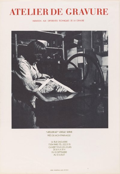 Plakat fra trykkeriet Atelier 63 i Paris Atelier de engraving ((...)) Atelier 63 Joelle Serve (tittel på objekt) av Anonymous