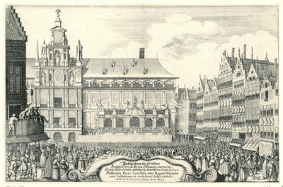 Afkondiging van de Vrede van Munster te Antwerpen, 1648 Publisering av Peace Between Your K.M. av Hispania, og de[r] forente Nederland. gjort på Antorff, 5. juni, A.O. 1648 (tittel på objekt) Publicatio Pacis, conclusae inter Regem His av Anonymous