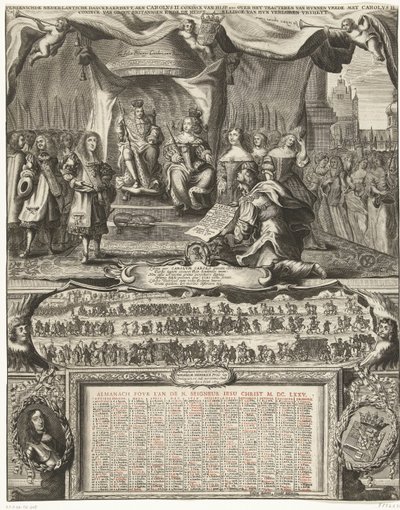 Allegori om freden med England i 1674 og almanakken for året 1675 Vereenichde Nederlantsche danckbaerheyt, aen Carolus II. Coninck van Hisp. osv. om å slutte fred med Carolus II. Coninck of Great Britannien, ende de recoverli av Anonymous