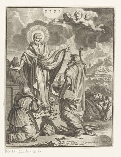 Allegorisk fremstilling med Kristus, Moses og knelende skikkelse Tittelside for: Frans Burman, Teologi, 1697 av Anonymous