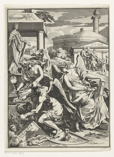 Allegorisk representasjon med historie, fars tid med en pott med mynter Tittelside for: Carl Patin, Imperatorum romanorum numismata, s.a. av Anonymous