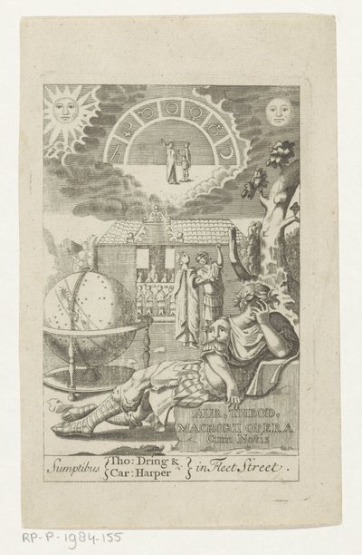 Ambrosius Theodosius Macrobius leunend på stenen ved siden av kloden Gull Theod. Macrobius Opera Cum Notis (tittel på objekt) Tittelside for: Ambrosius Theodosius Macrobius, Aur. Theodosius Macrobius V. Cl. & Illustrious Works, 1694 av Anonymous