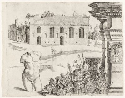 Arkitektur capriccio med spolia, en mannlig torso og utsikt over Diokletians bad av Anonymous