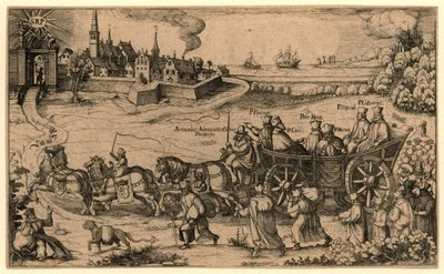 Bedevaart van de verdreven Boheemse en Hongaarse jezuïeten naar het Amsterdamse rasphuis, 1619 Jesuitten som ble utvist fra kongedømmene Böheimb og Hungern gjorde Wallfarth til Saint Raspino og Pono / til fengselet i Amsterdam (tittel av Anonymous