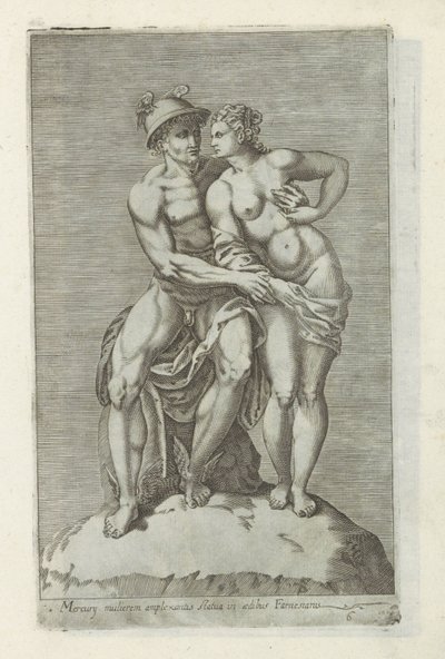 Beeldengroep met Mercurius en en godin Statue av Merkur som omfavner en kvinne i det farnesiske palasset (tittel på objekt) Antikke skulpturer i Roma (serietittel) Ikoner av de gamle statuene av byen Roma som er sett på offentlige steder (serietittel) av Anonymous