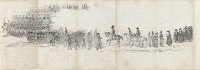 Begravelse av avdøde kong Willem II i Delft 4. april 1849 (side 1) Fem sammenhengende ark av begravelsesfølget til William II i 1849 (serietittel) av Anonymous