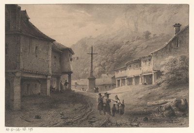 Fjelllandsby med monument av Anonymous