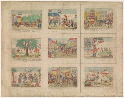 Ark med 9 fremstillinger av historiske hendelser i årene 1813-1814 (tittel på objekt) av Anonymous
