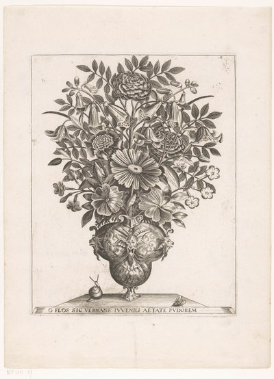 Bloemen in vaas møtte maskerere O BLOMST SOM VIRKER UNGDOM I SKAMMENS ALDER (tittel på objekt) av Anonymous