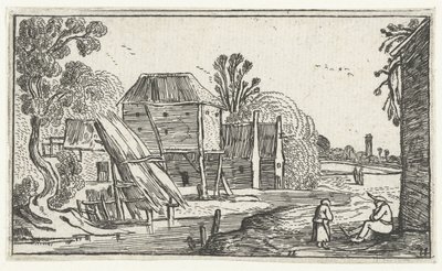 Gård og låve på påler på et vann Landskap etter Esaias van de Velde (serietittel) av Anonymous