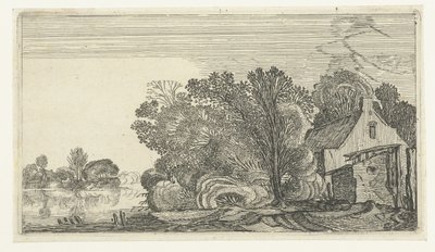 Gård blant trær ved en elv Landskap etter Esaias van de Velde (serietittel) av Anonymous