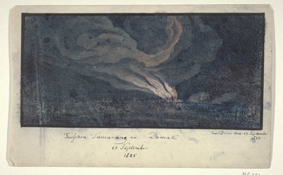 Brann i et landskap i Sentral-Java, 1825 Mellom Samarang og Damak / 13. september 1825 (tittel på objekt) av Anonymous