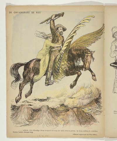 Christiaan de Wet og en kvinne som klamrer seg til ham (Boernes Håp) på en bevinget hest Den uimotståelige loven (tittel på objekt) av Anonymous