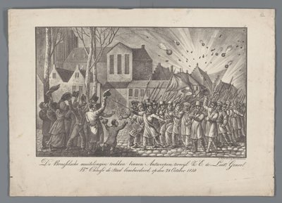 Mytteristene i Brussel flytter inn i Antwerpen, mens Z.E. de Luit Generall. mrd. Chassé bombet byen 28. oktober 1830 (tittel på objekt) av Anonymous