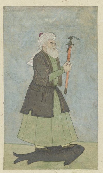 Den hellige Khwaja Khadir med et sverd i hånden. står på en fisk av Anonymous