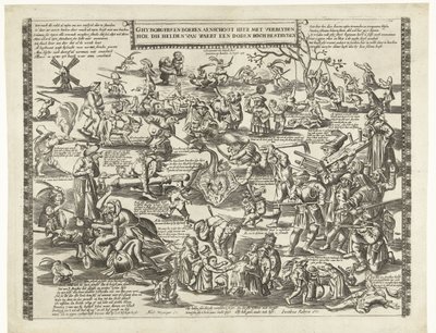 Rogstekers of Weert, ca. 1650 Ghy borgere og bønder aenschout her med å glede seg over hvordan heltene fra Waert kjemper mot en død roch (tittel på objekt) av Anonymous
