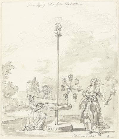 Ødeleggelsen av den gamle grunnloven, dekorasjon på smørmarkedet, 1795 Ødeleggelse av den gamle grunnloven / smørmarkedet (tittel på objekt) av Anonymous