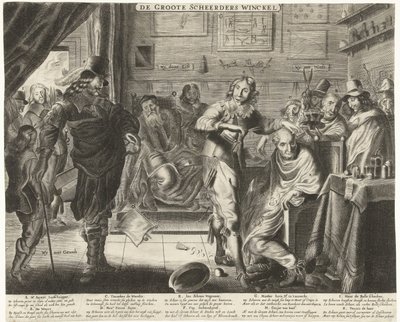 Bonden i den store frisørsalongen, ca. 1650 De Groote Scheerders Winckel (tittel på objekt) av Anonymous