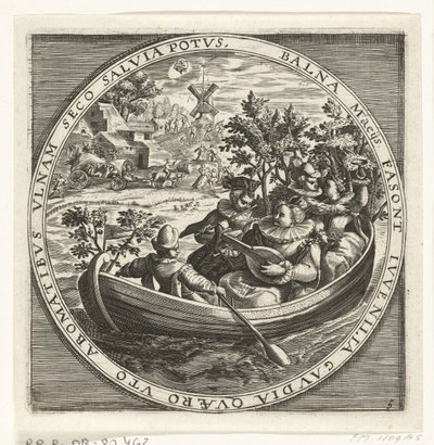 Mai måned, musikklag i båt, ca 1600 Årets tolv måneder avbildet i scener fra populærlivet (serietittel) Schemata XII Mensium sius operationibus, & ad signa zodiaci applicatione, in quatuor anni partes divisa (serien av Anonymous