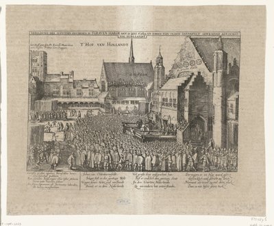 Halshuggingen av Johan van Oldenbarnevelt, 1619 Abbildung der Iustitien Geschehen in s'Graven Haege den 13. mai Ao 1619 an Iohan von Olden Barnefelt gewesener Advocaat van Hollandt (tittel på objekt) av Anonymous