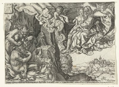 Den rike mannen i helvete ser Abraham med Lasarus Lignelse om Lasarus og den rike mannen (serietittel) av Anonymous
