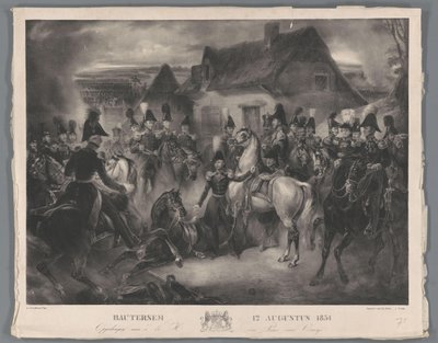 Erstatningen av den sårede hesten til prinsen av Oransje (senere kong Willem II), under slaget ved Boutersem, 12. august 1831 Bautersem, 12. august 1831 (tittel på objekt) av Anonymous