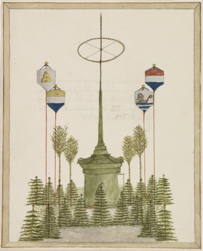Dekorasjon rundt Pompen på Grote Markt i Middelburg, ved ankomsten av Hans Majestet Kong Willem III til den byen, 21. mai 1862 (tittel på objekt) av Anonymous