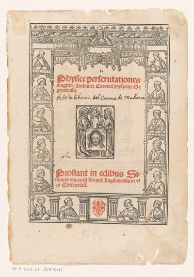 Decoratieve omlijsting met vijftien geleerden Titelpagina voor: Luis Coronel, Physice perscrutationes, 1511   1340870   no       norwegian Successfully Translated  Original: Saint Roche Translat: Saint Roche 1237781 no norwegian Successfully Translated Ori av Anonymous
