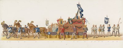 Delft prosesjon fra 1873 (åttende plate) Kostymert prosesjon holdt av medlemmene av Delft Student Corps 8. juli 1873, som viser inntoget av Karel van Egmond, hertugen av Gelre, grev av Zutphen, i Arnhem i 1492 (serie av Anonymous
