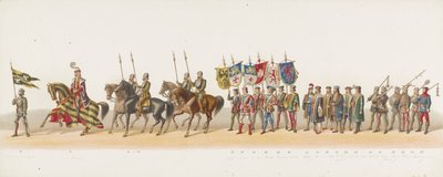 Delft prosesjon fra 1873 (andre plate) Utkledd prosesjon holdt av medlemmene av Delft Student Corps 8. juli 1873, som viser inntoget av Karel van Egmond, hertugen av Gelre, grev av Zutphen, i Arnhem i 1492 (serie t av Anonymous