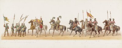 Delft prosesjon fra 1873 (fjerde plate) Utkledd prosesjon holdt av medlemmene av Delft Student Corps 8. juli 1873, som viser inntoget av Karel van Egmond, hertugen av Gelre, grev av Zutphen, i Arnhem i 1492 (serie t av Anonymous