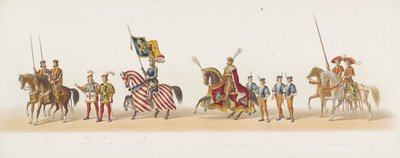 Delft prosesjon fra 1873 (femte plate) Utkledd prosesjon holdt av medlemmene av Delft Student Corps 8. juli 1873, som viser inntoget av Karel van Egmond, hertugen av Gelre, grev av Zutphen, i Arnhem i 1492 (serie t av Anonymous