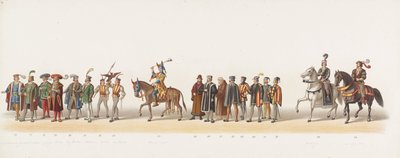 Delft prosesjon fra 1873 (sjette plate) Kostymert prosesjon holdt av medlemmene av Delft Student Corps 8. juli 1873, som viser inntoget av Karel van Egmond, hertugen av Gelre, grev av Zutphen, i Arnhem i 1492 (serie ti av Anonymous