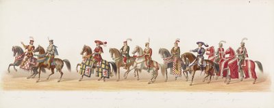 Delft prosesjon fra 1873 (syvende plate) Kostymert prosesjon holdt av medlemmene av Delft Student Corps 8. juli 1873, som viser inntoget av Karel van Egmond, hertugen av Gelre, grev av Zutphen, i Arnhem i 1492 (serie av Anonymous