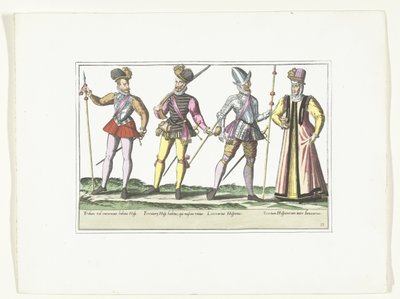 Tre spanske soldater i uniform og en markedsfører, ca. 1580 Kostymer militære Espagnols (tittel på objekt) av Anonymous