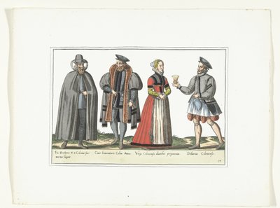 Tre menn og en kvinne kledd i tysk mote, ca. 1580 Kostymer Allemands (tittel på objekt) av Anonymous