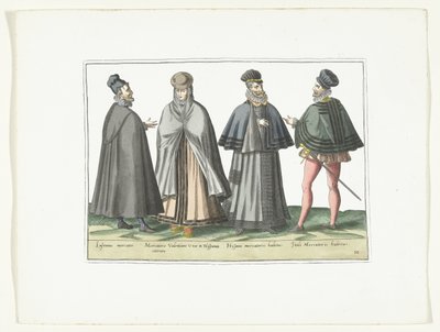 Tre menn og en kvinne kledd i utenlandsk mote, ca. 1580 Modes étrangères (tittel på objekt) av Anonymous