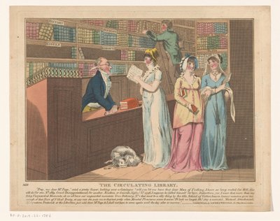Tre kvinner i et lånebibliotek Det sirkulerende biblioteket (tittel på objekt) av Anonymous