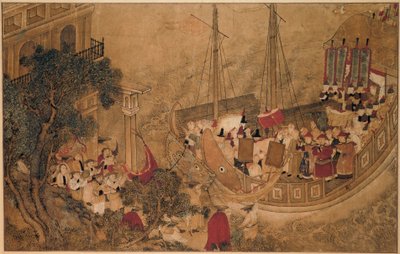 Et kinesisk skip legger til kai ved en europeisk bygning The Wonders of Mazu (serietittel) av Anonymous
