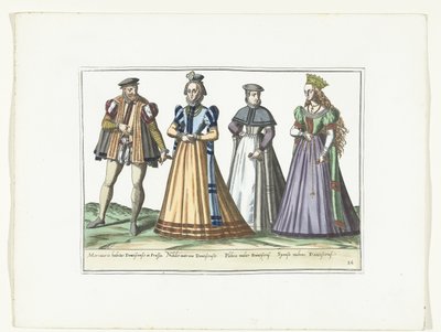 En mann og tre kvinner kledd i tysk mote i Danzig, ca. 1580 Kostymer Allemands (tittel på objekt) av Anonymous
