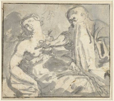 En mann fjerner en pil fra en kvinnes bryst (Cephalus og Procris?) av Anonymous