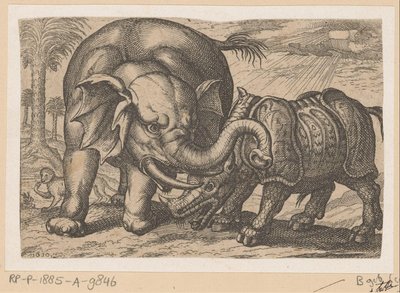 Et neshorn kjemper mot en elefant Fighting Animals (kopier) (serietittel) av Anonymous