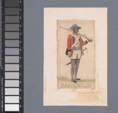 En svart soldat i tjeneste for British East India Company Ein Seapoy, oder Ostindischer Soldat im Dienst der Englischen Compagnie (tittel på objekt) av Anonymous