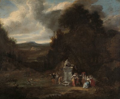 Elegant selskap ved en antikk fontene i en glende av Anonymous