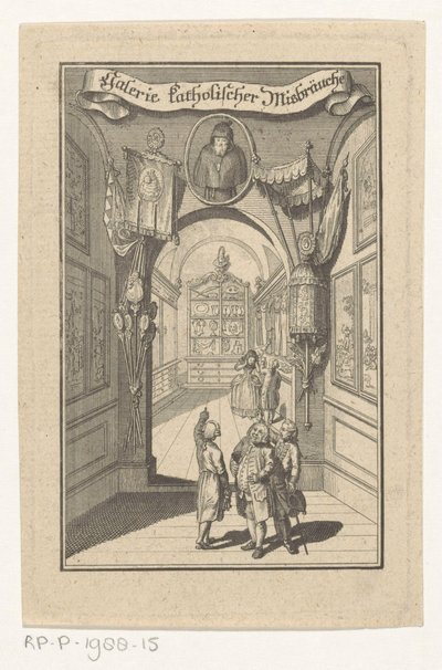 Figurer i galleri møtte portrett i liturgiske gjenstander Galleri for katolske overgrep (tittel på objekt) Forside for: Joseph Richter, Picture Gallery of Catholic Abuses, 1784 av Anonymous