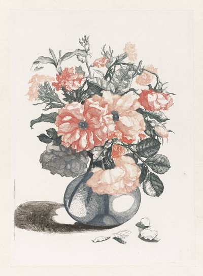 Fem trykk av blomster i glassvaser Glassvase med blomster, ved siden av kronbladene av Anonymous