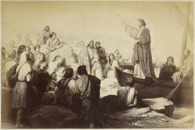 Fotoreproduksjon av (antagelig) et trykk av Jesus som forkynner fra båt av Anonymous
