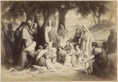 Fotoreproduksjon av (antagelig) et trykk av Jesus med barn (La barna komme til meg) av Anonymous